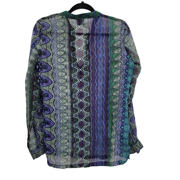 KAS Designs Sheer Long Blouse L Blue Green Medallion Leaf Print Boho Peasant - Picture 5 of 11